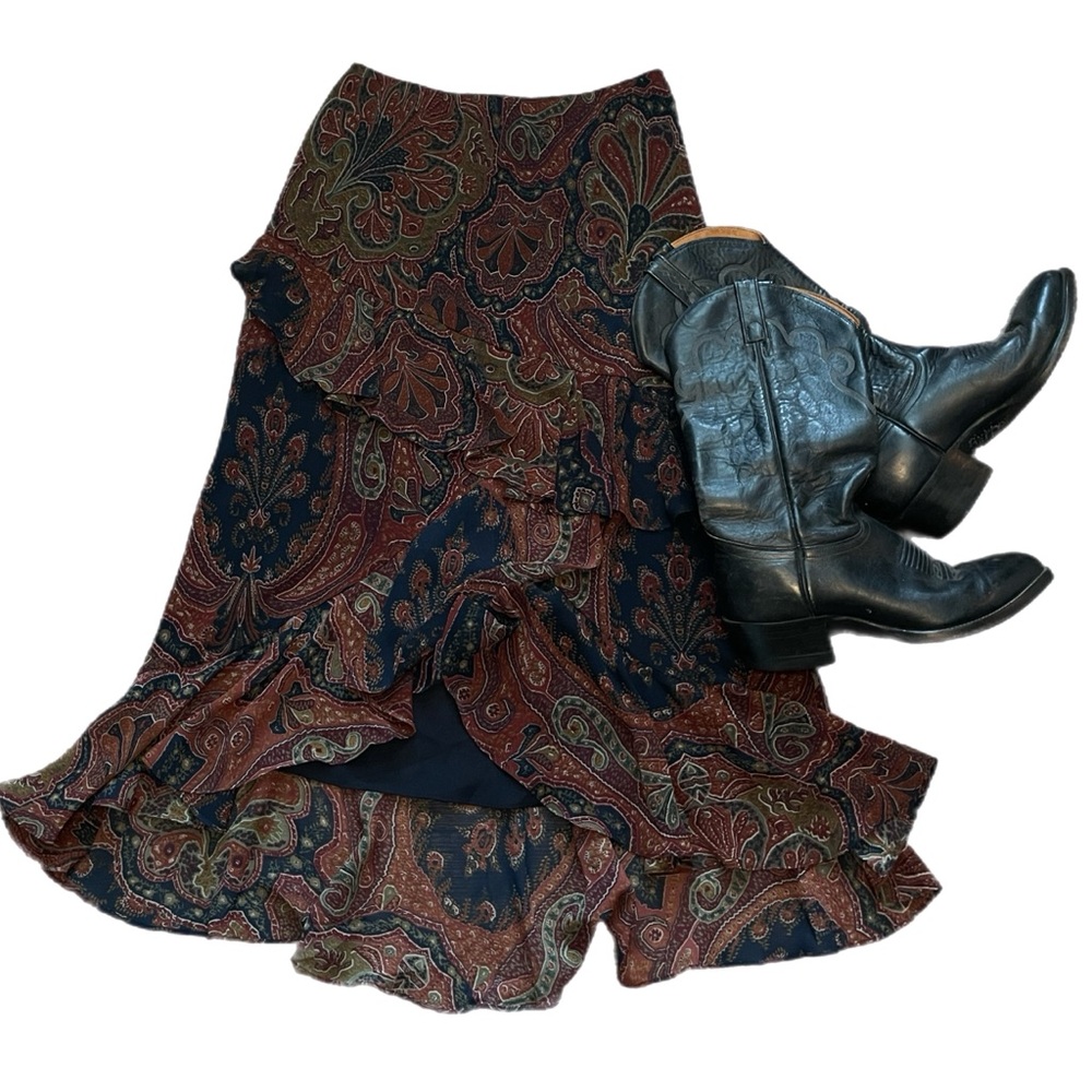 Paisley ruffle midi skirt